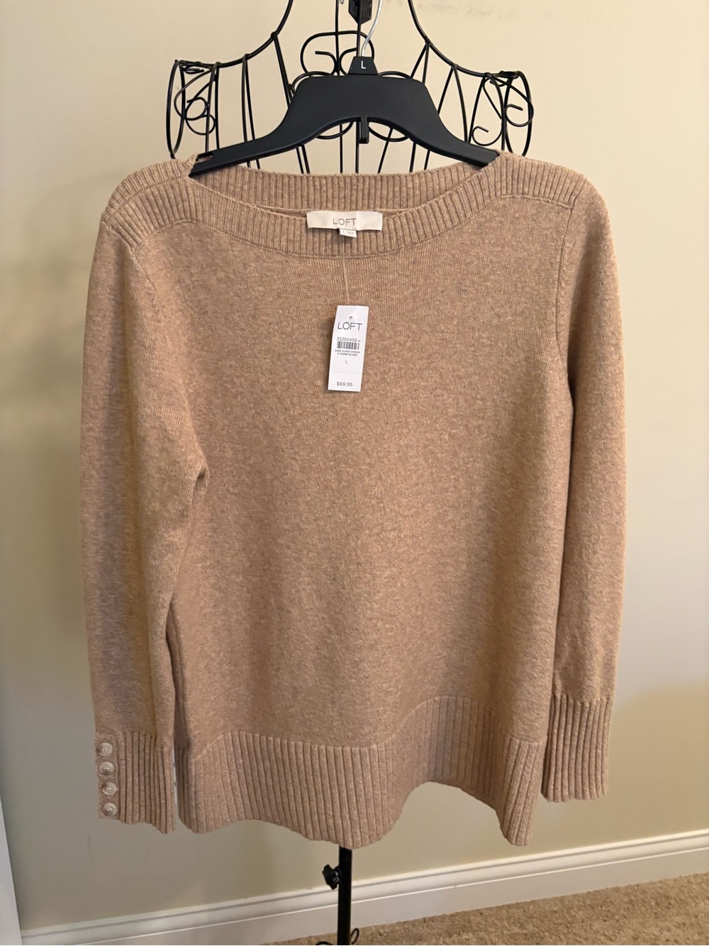 LOFT Beige Boatneck Sweater with Button Cuffs